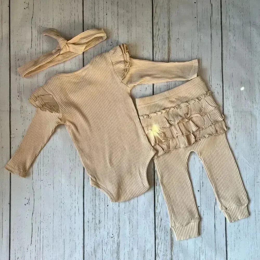 Baby Girl 2 Piece Beige Ribbed Outfit Set - Ruffle Bodysuit & Pants 6-9 Months